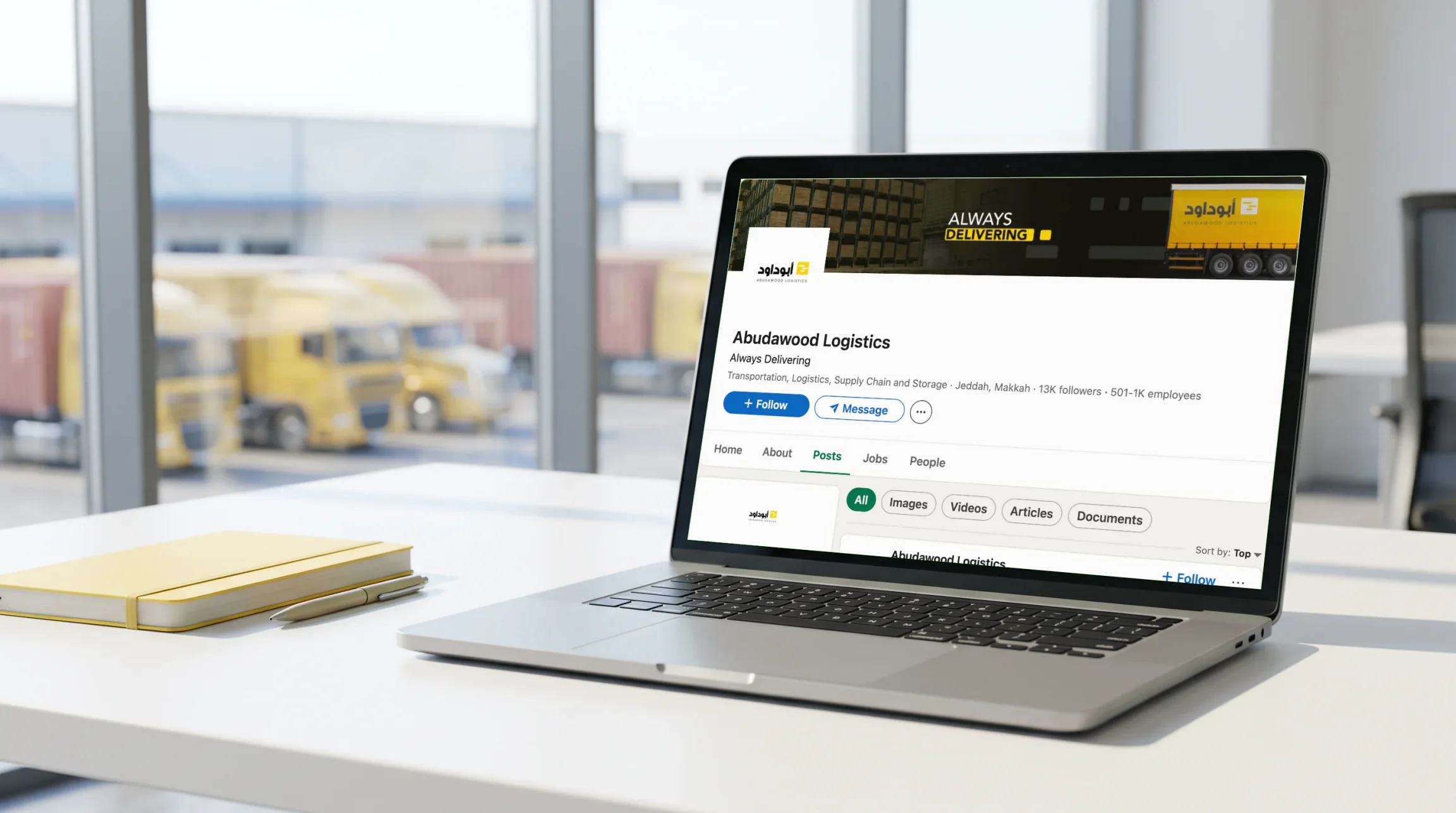 The Abudawood Logistics LinkedIn page on a laptop