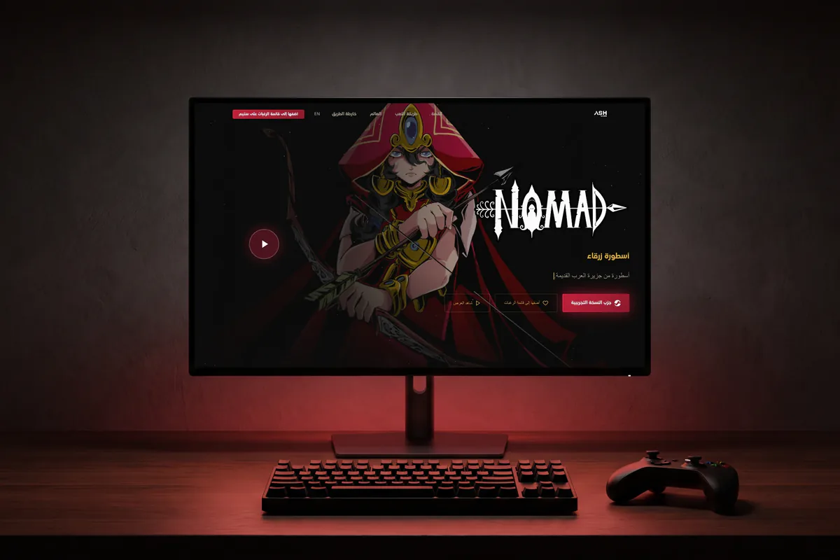 The Arabic Nomad page on a desktop monitor: Zarqa with her bow, the Nomad logo, and the Play the demo and Add to wishlist buttons, with a keyboard and a game controller on the desk
