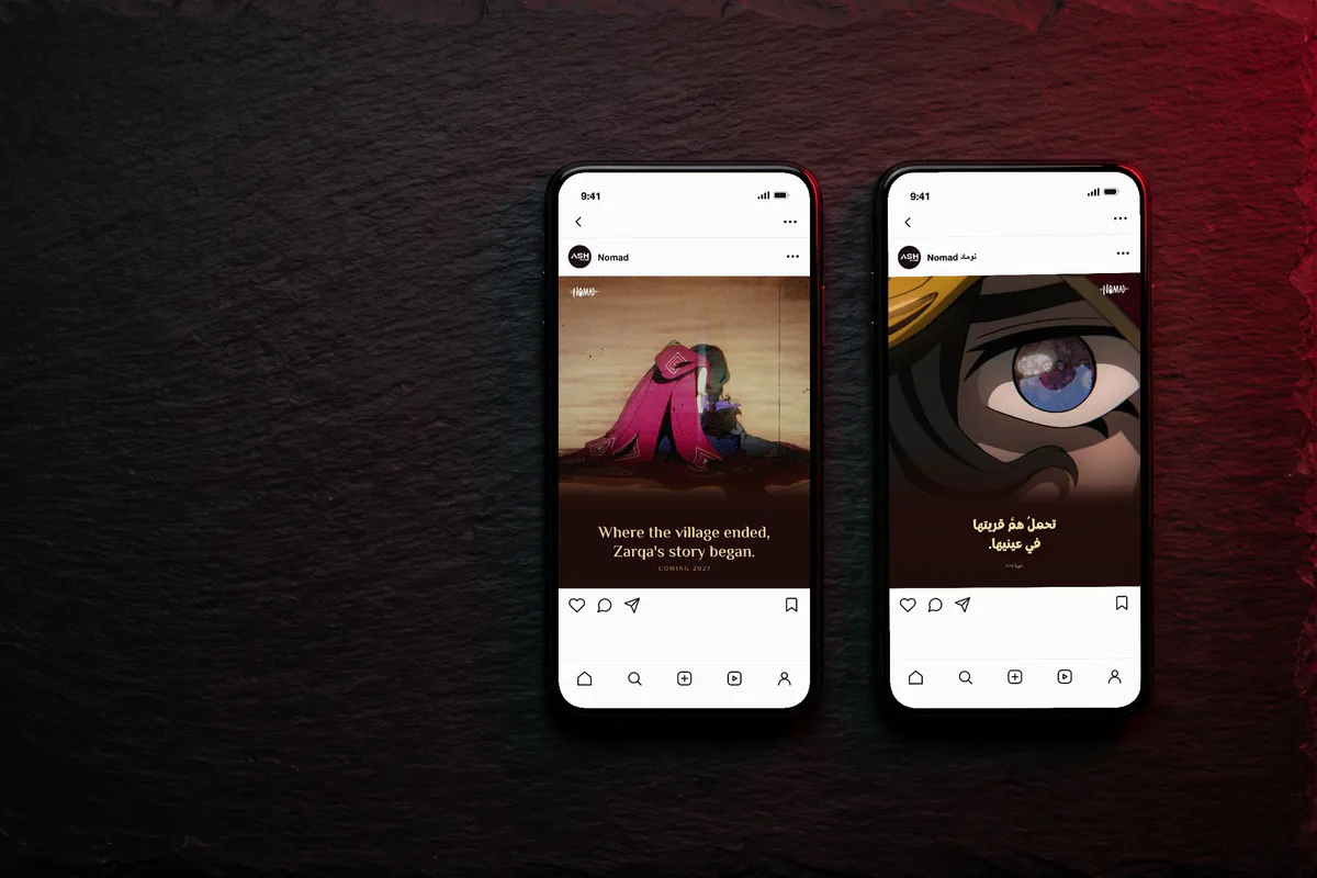 Two phones on Instagram: a Nomad post in English, “Where the village ended, Zarqa's story began”, and one in Arabic, “She carries her village's worries in her eyes”