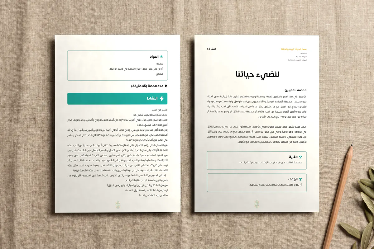 Two pages of the grade 1 lesson “Let’s light up our lives,” in Arabic: the introduction, aim and objective, then the materials, class time and activity