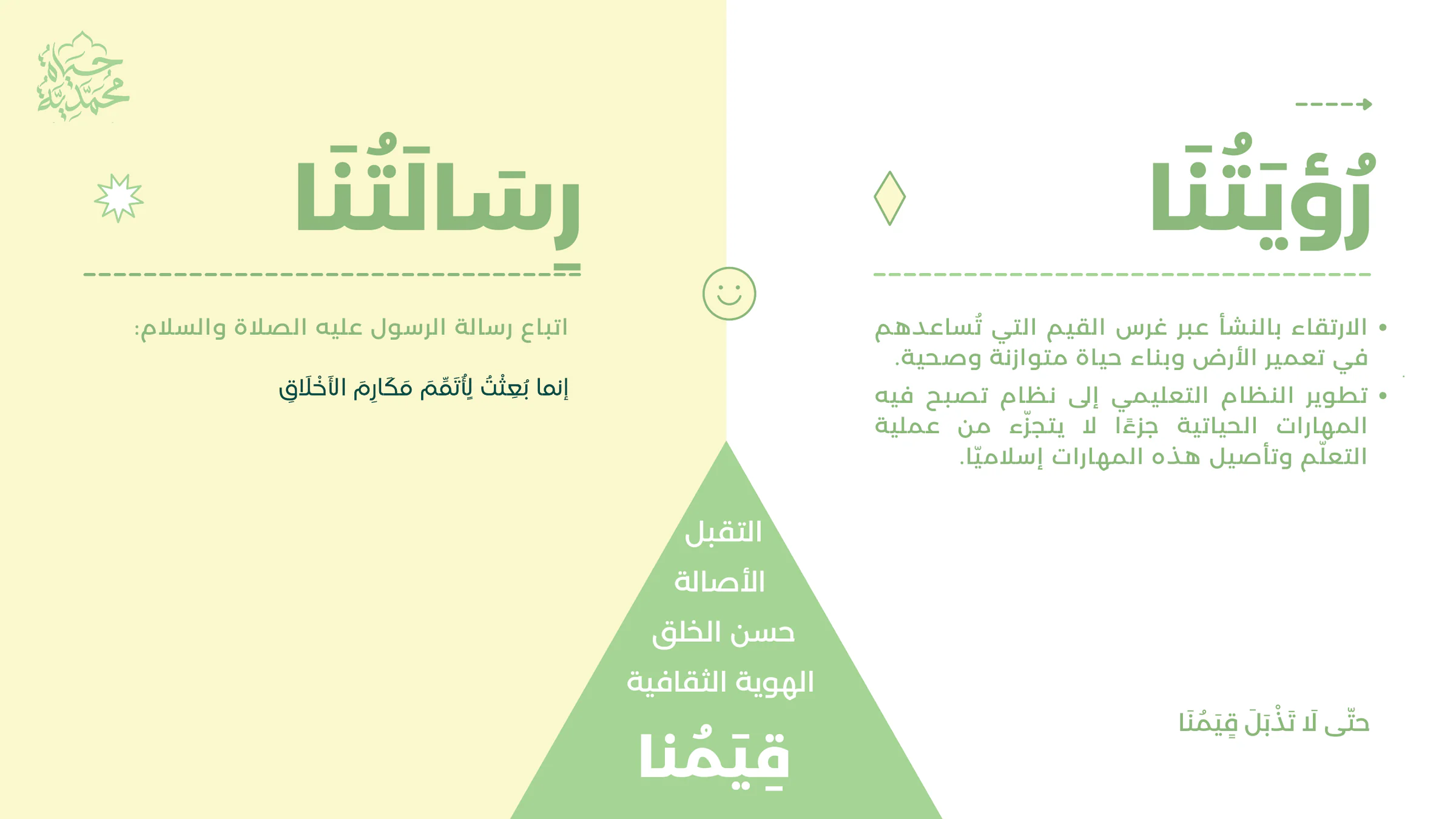 The vision, mission and values slide from the winning pitch deck, in Arabic